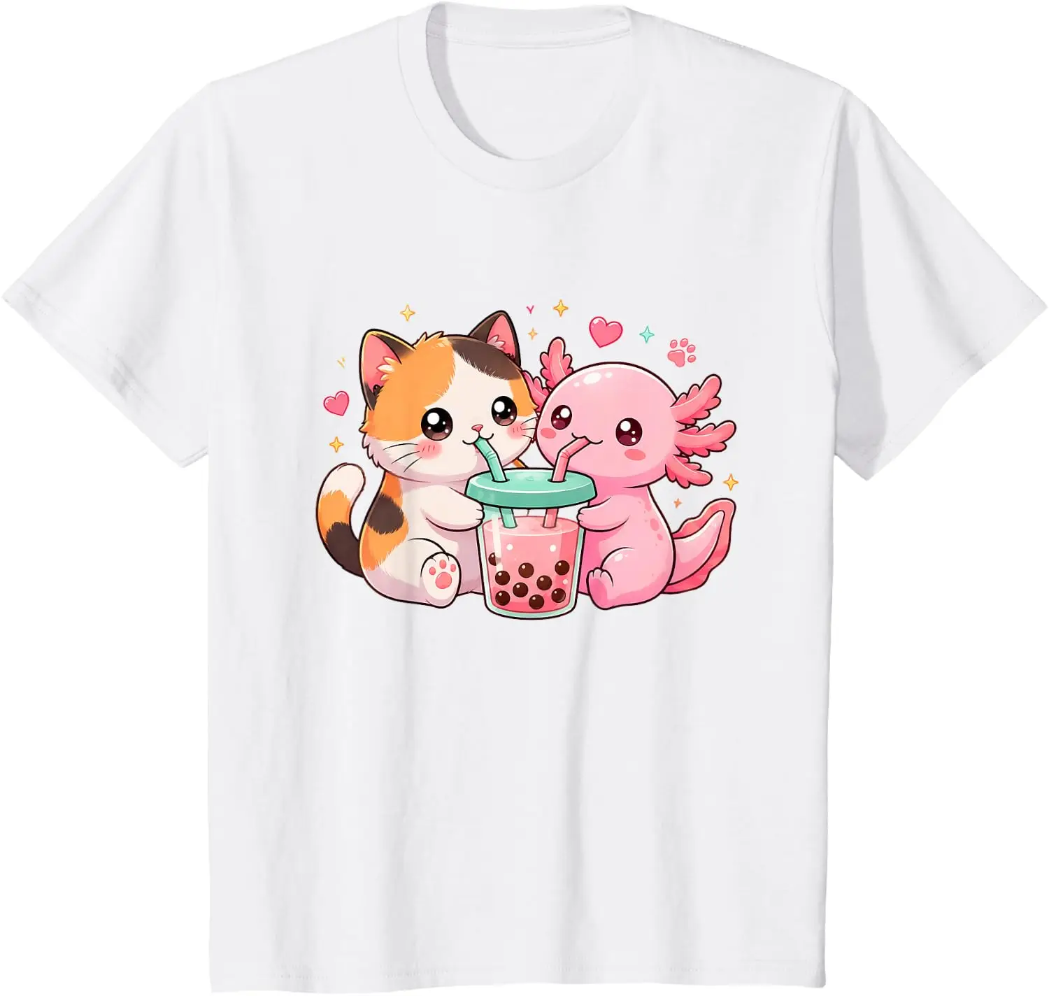 Cute Cat Axolotl Drinking Boba Tea Kawaii Animal Girls Teens T-Shirt Unisex Children’s Wear Cotton Graphic Tee Camiseta