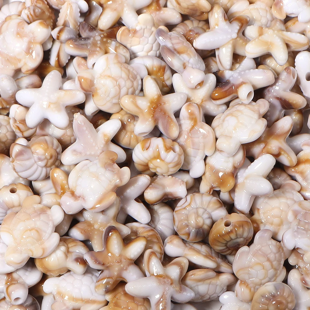 50pcs/lot Ocean Animal Acrylic Beads Turtle Starfish Conch Beads Beige Loose Beads For Jewelry Making DIY Bracelet Accessories view 6