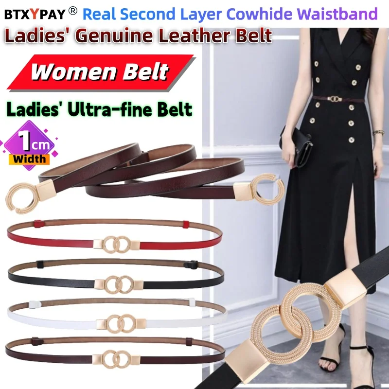 1cm Width Women Clasp Buckle Belt Genuine Leather Belt Real Second Layer Cowhide Windbreaker Dress Ladies' Ultra-fine Waistband