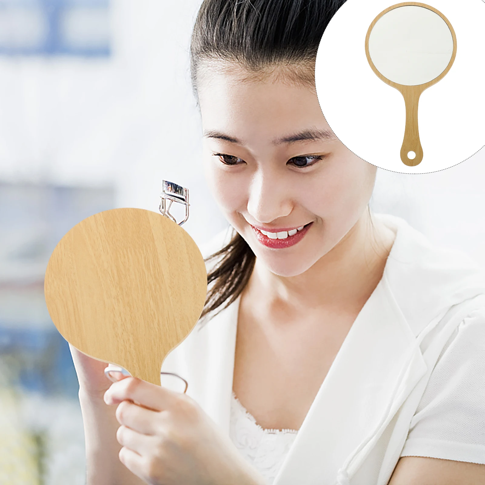 

Handheld Makeup 135x25mm Portable Wooden Handle Compact Lightweight Vanity Mirror for Travel Purse Bag Pocket Women Hand Mirror