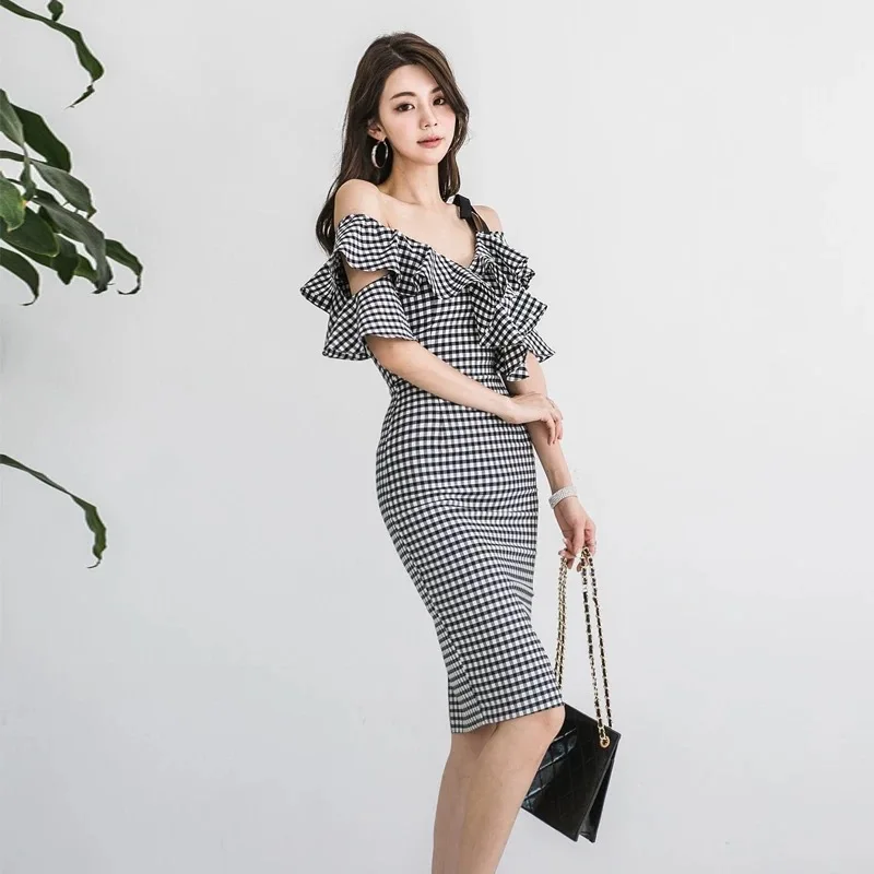 Women Plaid Flounce Neck Dress Off Shoulder Business OL Lady Office Dress Elegant Sexi Party Dinner Date Banquets Koren Dresses