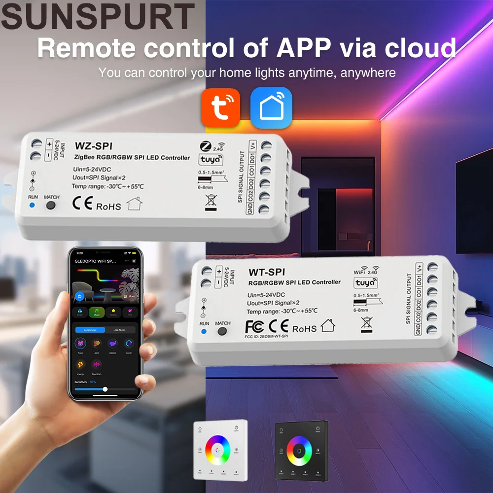 

Skydance WZ-SPI Tuya WIFI Zigbee SPI LED Controller 5V 12V 24V WS2811 WS2812B SK6812 RGB/RGBW Addressable LED Light Alexa Google