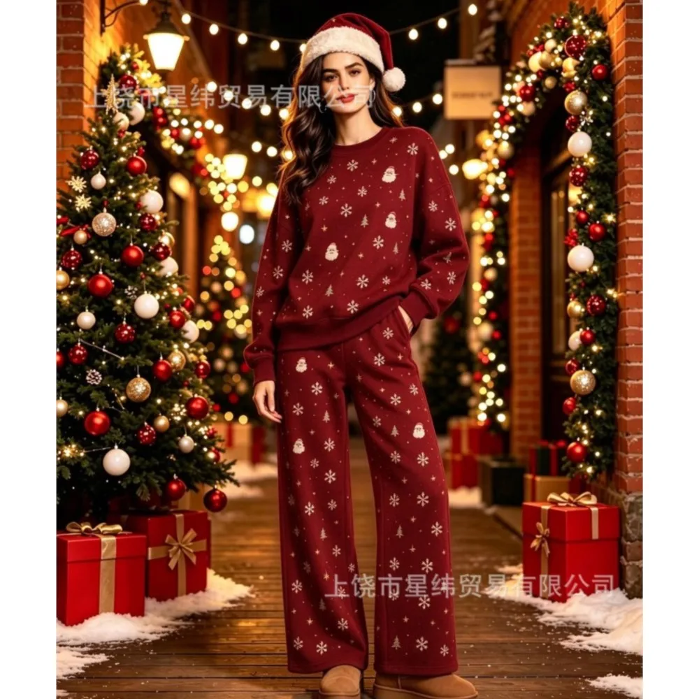 Fall Winter New Women's Christmas Print Long Sleeved Sweatshirt + Pants 2Piece Set  Casual Loose-Fitting Sports Pants Set Female