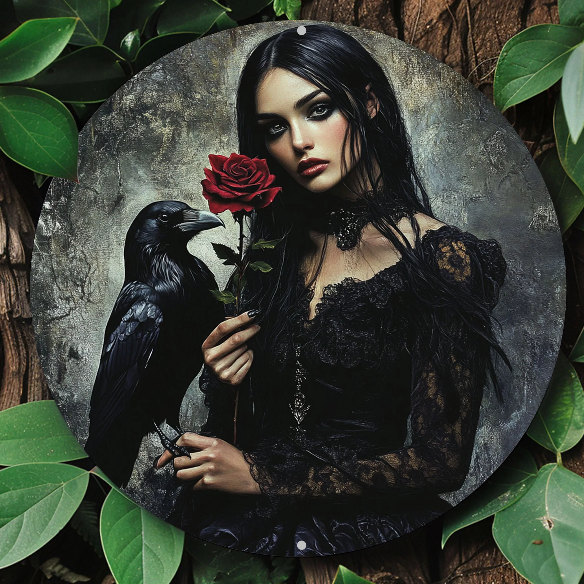 2D Flat, 1pc Gothic Crow & Rose Metal Tin Sign - Vintage Iron Wall Art Weatherproof Gothic Decor with Pre-Drilled Holes for Home