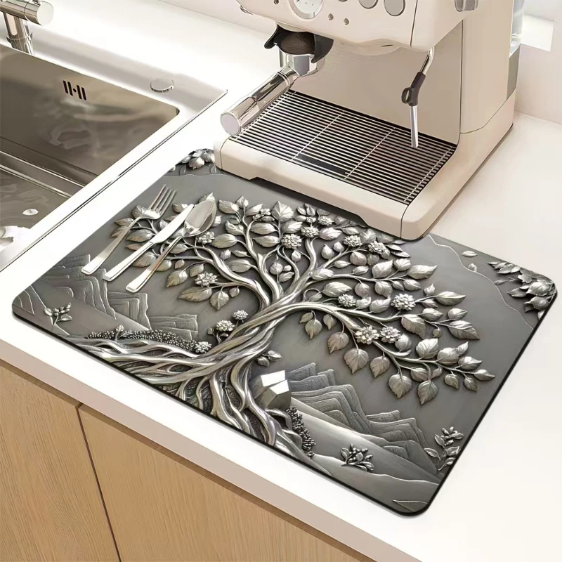 VIKAMA Kitchen Drain Mat Grey Embossed Silver Floral Mountain Pattern Non Slip Absorbent Washable Durable Easy Clean Waterproof