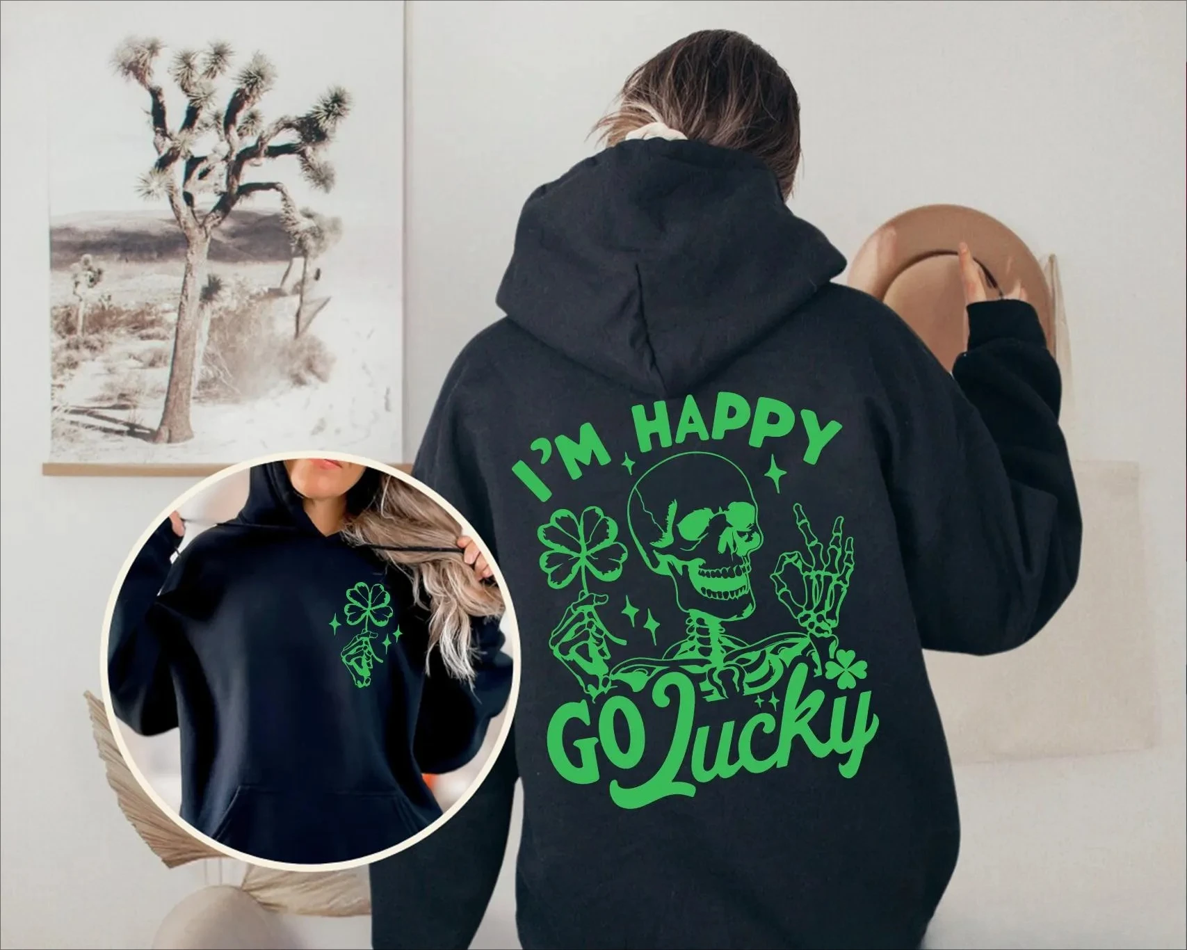 

I'm Happy Go Lucky Hoodie Sweatshirt Women Long Sleeve Sweatshirt St Patricks Skeleton Pullover Tops Streetwears Autumn Clothing