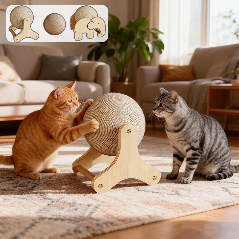 

Cat Solid Wood Elephant Scratch Ball Wear-resistant Hemp Rope Braided Suspended Rotating Cat Toy Silent Pet Toy Household Item