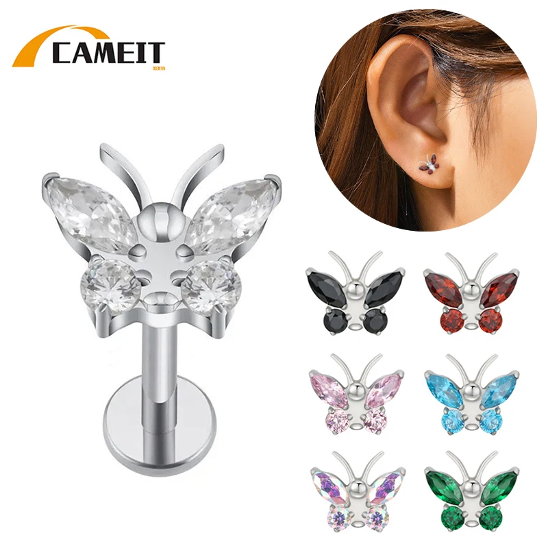 

ASTM F136 Titanium EAR PIERC Butterfly shape 4 CZ Paved Top Labret Studs Ear Cartilage Earrings Lip Ring Stud Piercing Jewelry