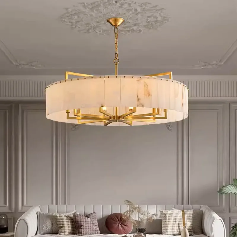 

New all-copper modern living room chandelier light luxury round simple high-end atmospheric restaurant natural marble villa