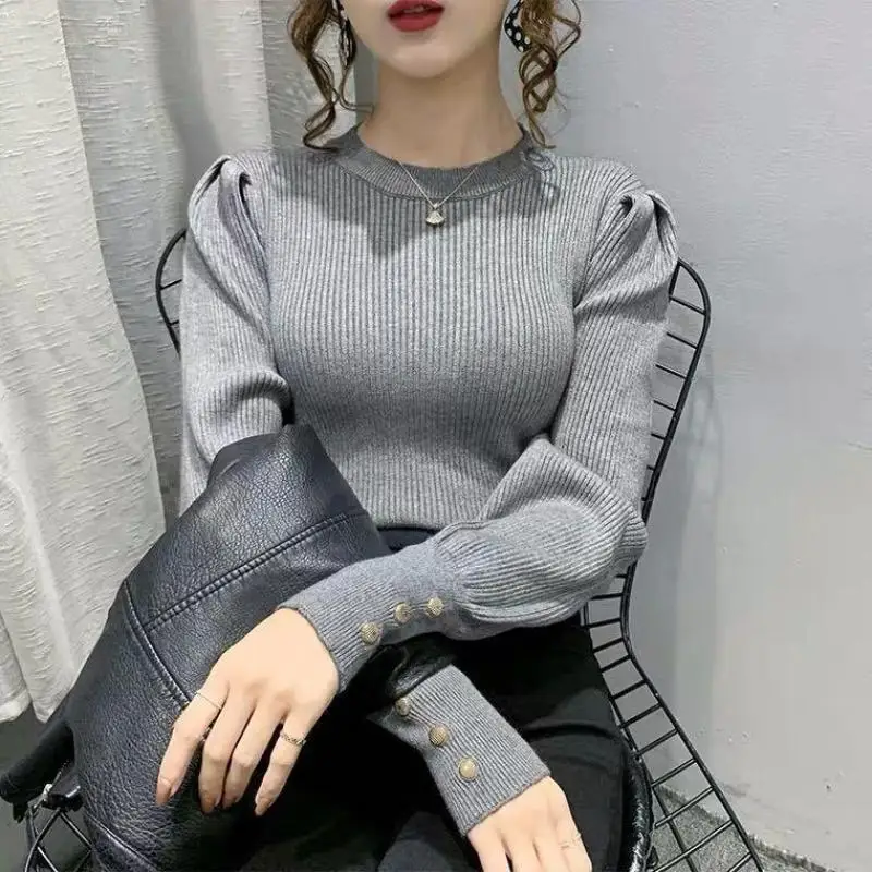 Autumn Winter New Women\'s Striped O-Neck Button Spliced Knitted Sweaters Fashion Casual Loose Pullovers Puff Sleeve Tops