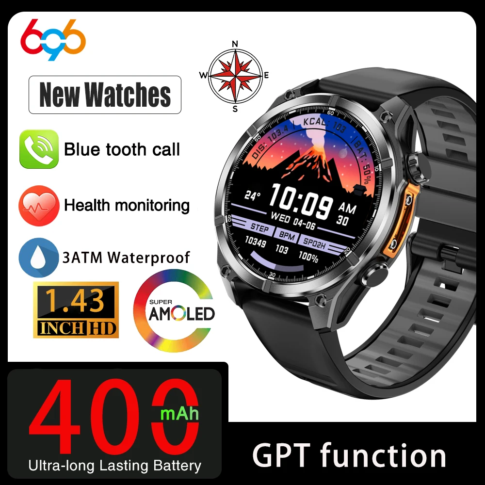 

696 AMOLED-экран для мужчин, уличный атмосферный давление, высота 3 атм, водонепроницаемые умные часы с синим зубом, спортивные умные часы SOS