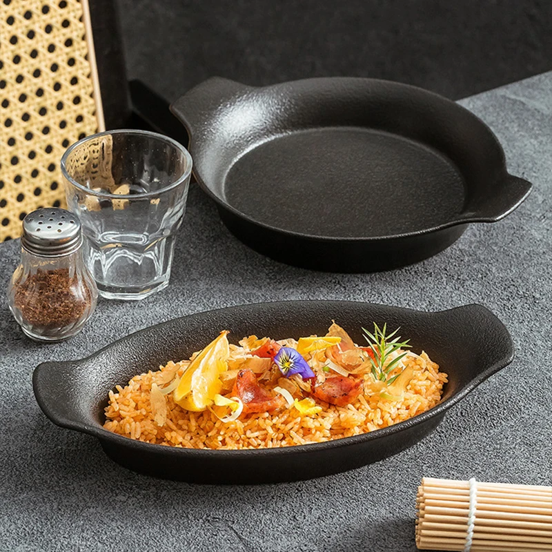 Creative Frosted Double-handle Roasting Pan Black and White Ceramic Western-style Steak Plate Home Fruit Salad Dessert Plate New