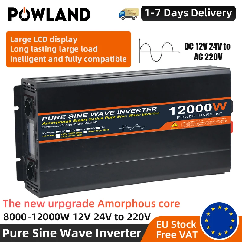 POWLAND 12000W 8000W Reiner Sinus-Wechselrichter DC 12V 24V zu AC 220V Wechselrichter 50HZ Auto-Wechselrichter-Konverter für Zuhause und Wohnmobil