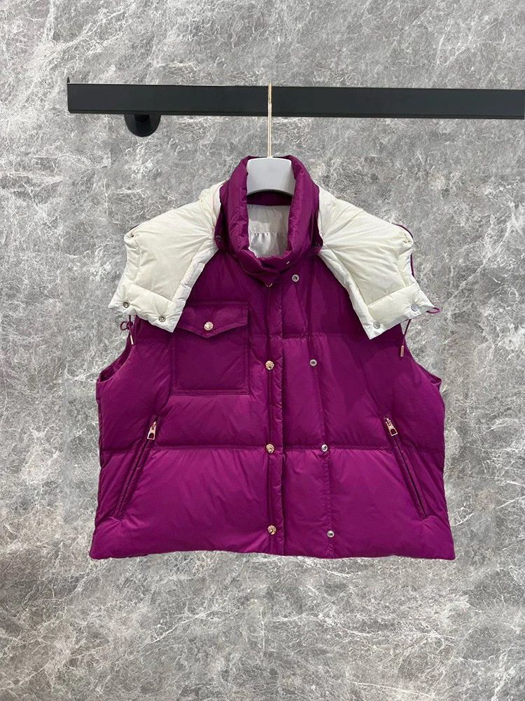 

Women's Short White Goose Down Vest, Fashionable Stand Collar Hooded Sleeveless Outerwear for Autumn/Winter New Arrival