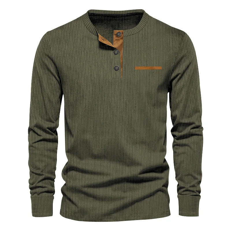 New Men\'s Long Sleeve T-shirt Spring And Autumn Comfortable Corduroy Fake Pocket Daily Casual Henry Shirt Fashion Men\'s Clothing