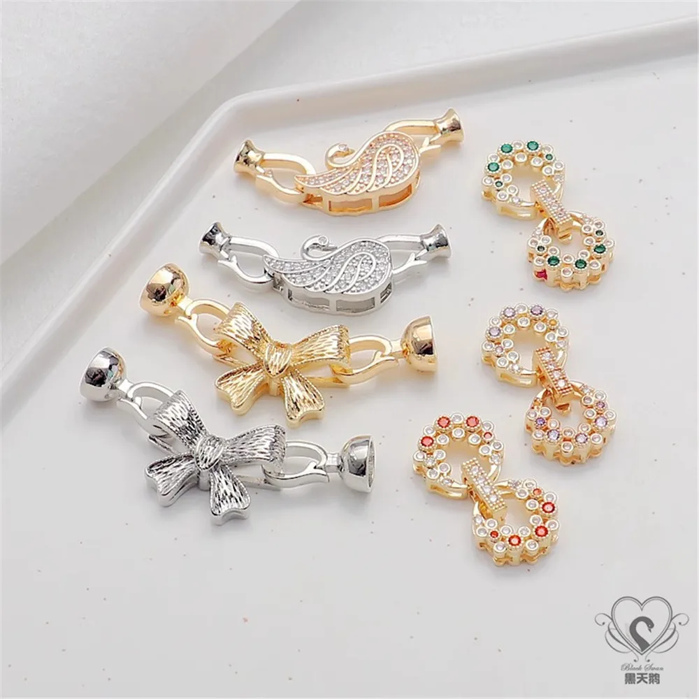 14K Gold Inlaid Zircon Butterfly Switch Connection Buckle Pearl Double Head Round Ending Button Head DIY Jewelry Accessories