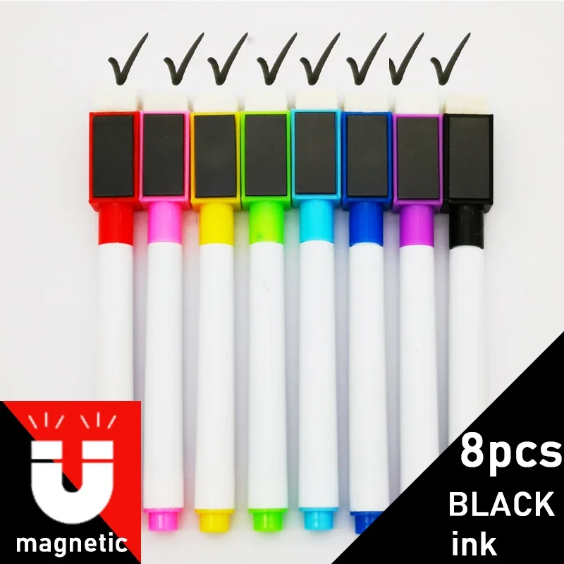 8Pcs/lot Colorful Black School Classroom Supplies Magnetic Whiteboard Pen Markers Dry Eraser Pages Children Drawing Pen