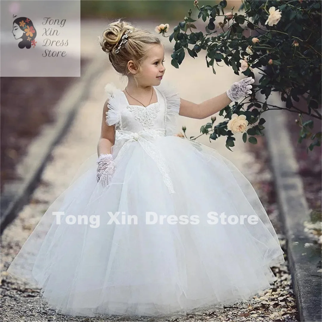 White Fluffy Tulle Decal Flower Girl Dress Beaded Wedding Cute Litter Flower Child First Eucharistic Birthday Ball Party