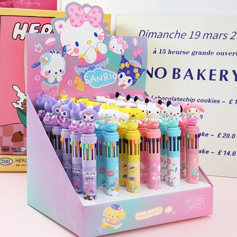 36pcs New Sanrio Series 10 Colours Ballpoint Pen Student Multicolour Press Pen Cartoon Cute 10 Colours Pen Kids Gift