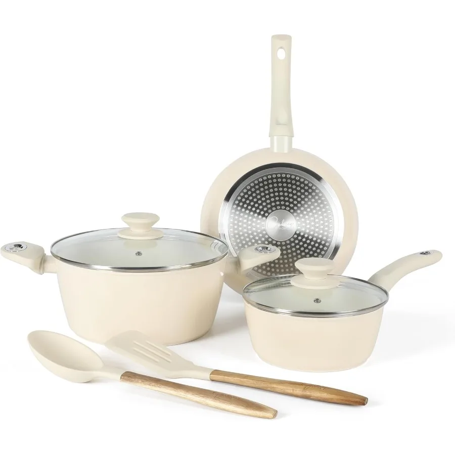 

Plaza Cafe Forged Aluminum Healthy PFAFree Ceramic Cookware Set 7Piece for Everyday Kitchen Use Linen White Finish with NonStic