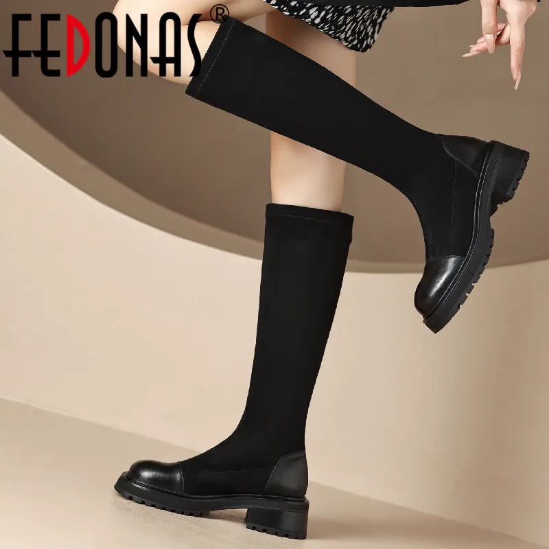 

FEDONAS Concise Women Knee High Boots Autumn Winter Office Thick Heels Fashion Splicing Genuine Leather Platforms Shoes Woman