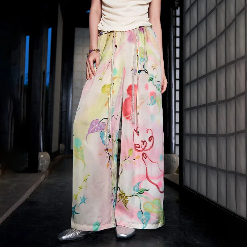 ELFSACK Watercolor Floral Print Wide Leg Pants, Boho Drawstring Waist Palazzo Trousers, Fairycore Casual High-Waisted Pants