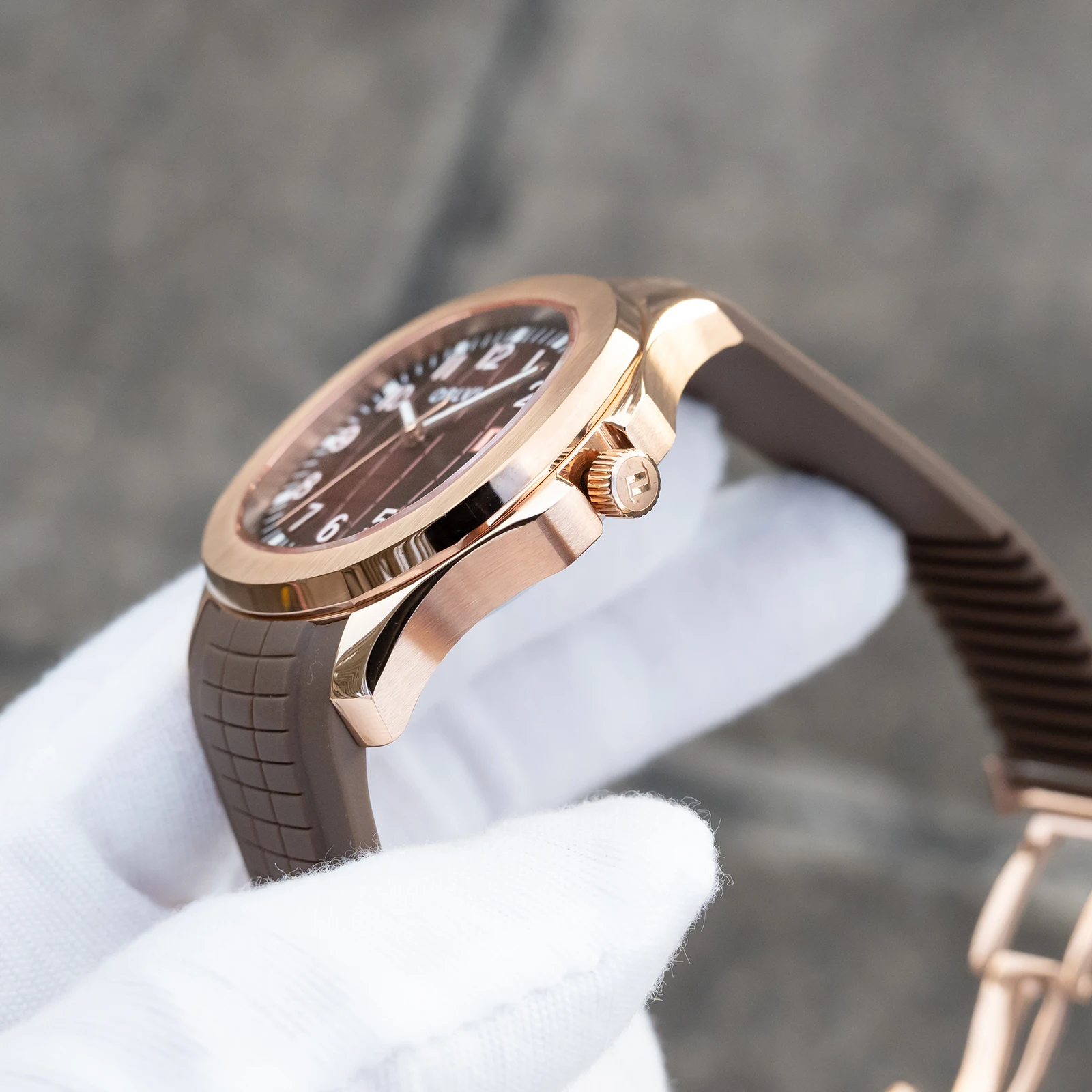 OBLVLO Fashion Mechanical Automatic Watch Brown Dial with Date Luminous Brown Rubber Band Casual Designer FM-SL
