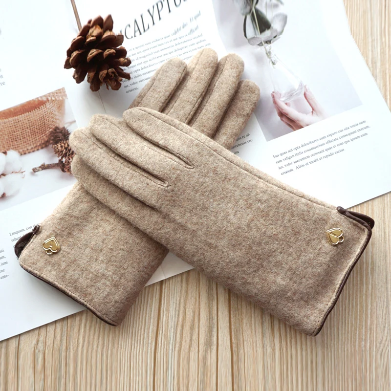 Winter Women\'s Wool Double Layer Plus Velvet Thick Touch Screen Warm Driving Gloves Female Outdoor Riding Cashmere Mittens S106