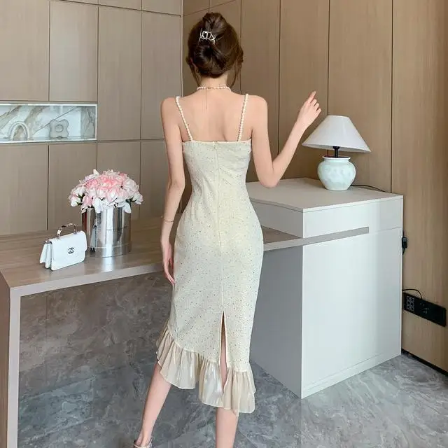 Summer Sequin Pearl Cami Dress for Women – Off-Shoulder Ruffle Hem Mermaid Mini Dress Elegant Party Outfit with Socialite Vibes