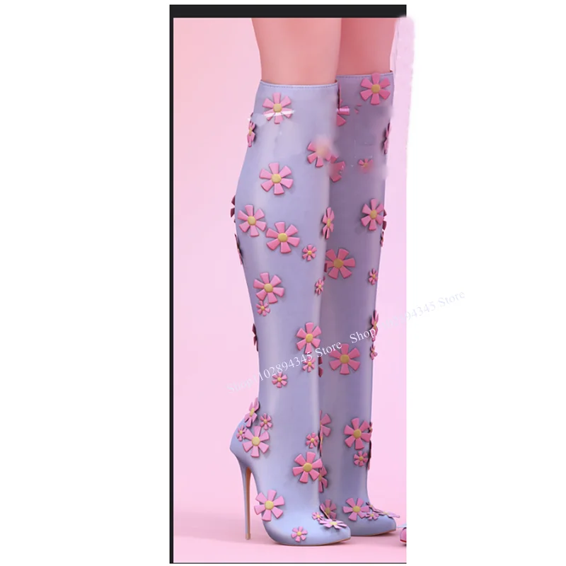 

Blue Flower Over Knee High Boots Thin High Heel Pointed Toe Fashion Sexy Cool 2024 Winter Big Size Woman Shoes Zapatillas Mujer