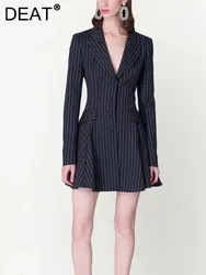 DEAT Fashion Women's Stripe Suit Dress Notched Waist Retraction Single Breasted Pockets Slim Dresses Summer 2024 New 7AB3376