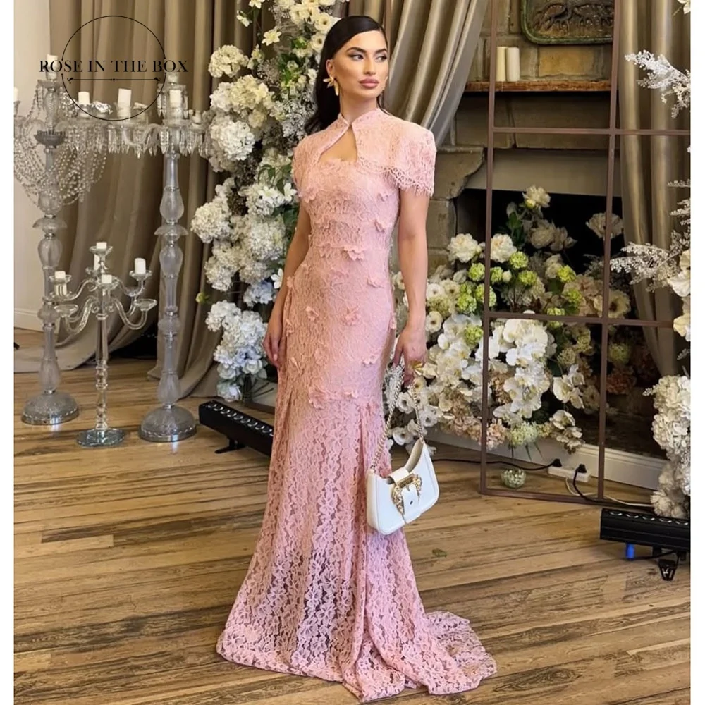 ROSEINTHEBOX Maßgeschneiderte rosa Spitzen-Abendkleider für Damen, 2-teilig, Meerjungfrau-Stil, elegante Applikationen, figurbetonte formelle Partykleider