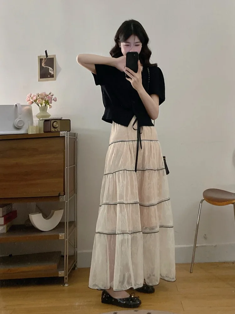 Black Lace Mesh Cake Skirt T-Shirt Women's Fashion Summer New Style Casual Fit High Waist Short Sleeve Square Collar Top