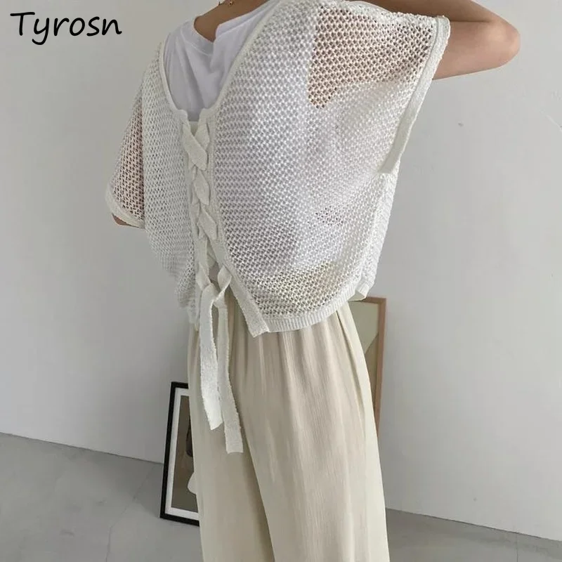 

Bandage Pullovers Women Design Pure All-match Casual Hollow Out Summer Knitwear Breathable Ulzzang V-neck Ladies Loose Simple
