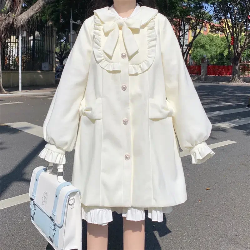 

Winter Women's Woolen Coat Japanese Lolita Style Sweet Kawai Bow A-Line Loose Jackets Female Elegant Fall Korean Fashion Outwear