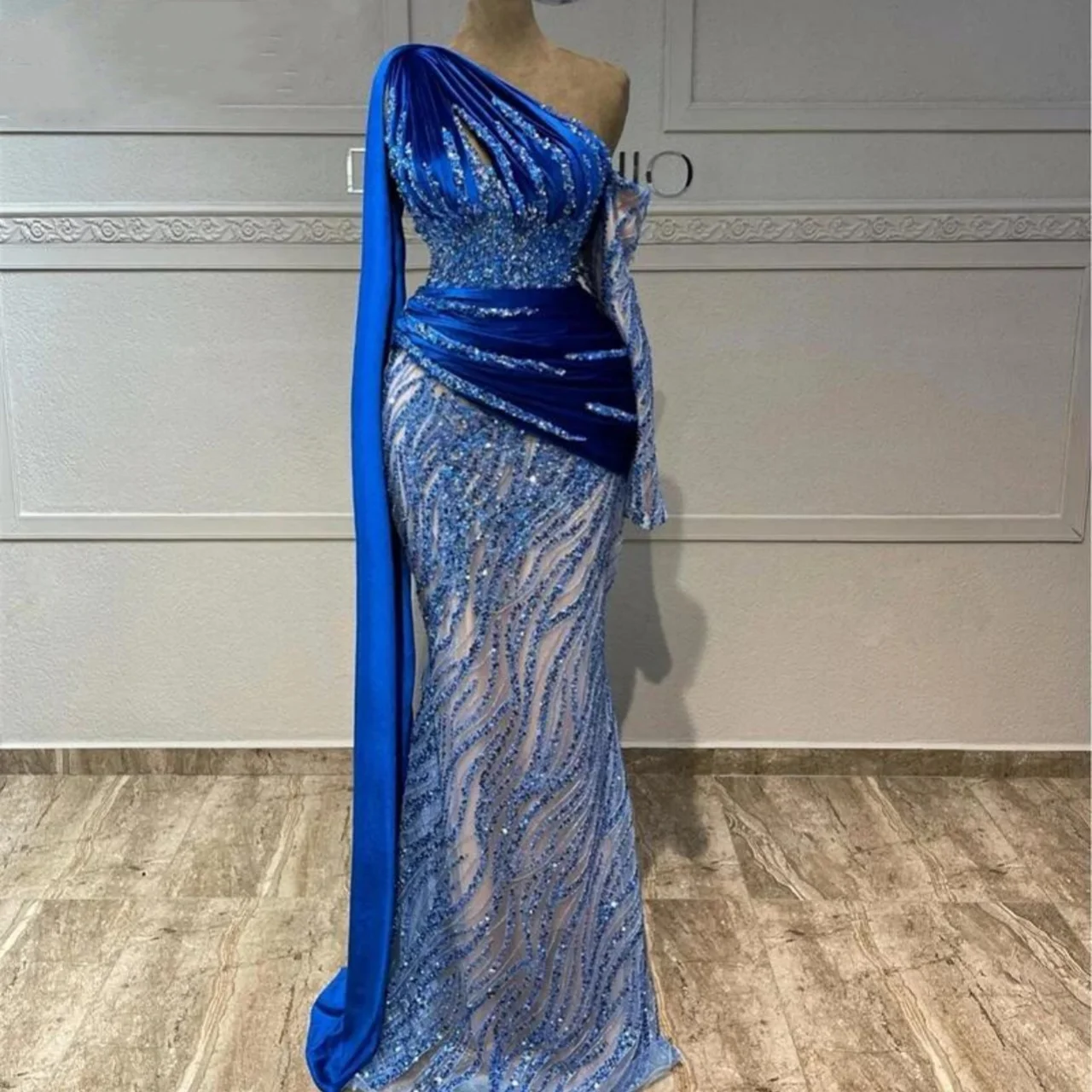 Customized  High Quality Blue One Shoulder Mermaid Floor-length Sweep Train Beaded Платье Женское Вечернее Rhinestone Gown