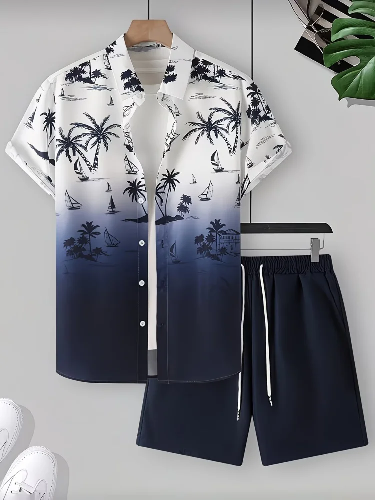 Fashion Summer 2 PCS Tracksuit Casual Loose Short Sleeve Shirts Elastic Waisted Shorts Sets Beach Sports Holiday Matching Suits - view 2