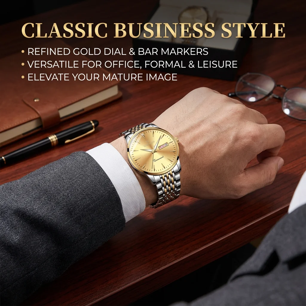 12 piece set of high-end luxury men's wristwatch+same color jewelry set, ideal for daily wear and gifting to friends and family