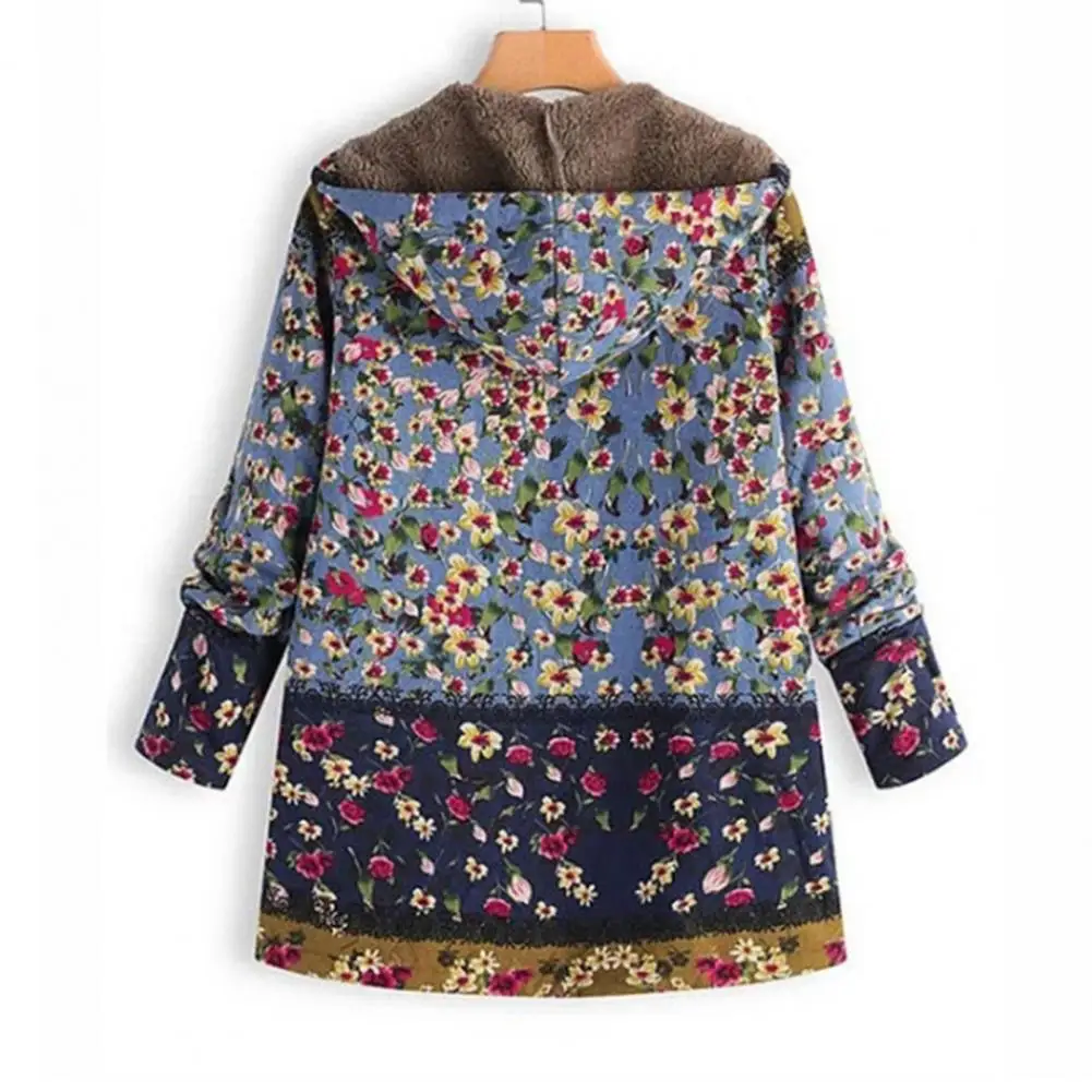 Women Winter Coat Retro Floral Print Hooded Plush Zip-up Heat Retention Long Sleeves Mid Length Pockets Leisure Boho Jacket