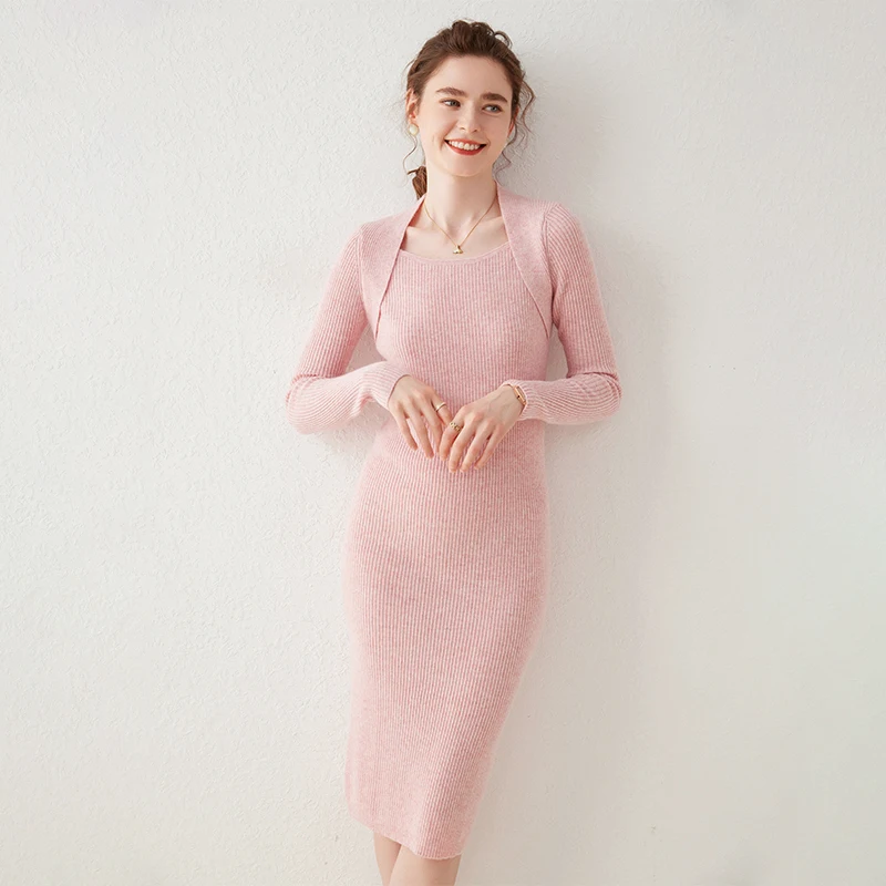 Elegant 100% Cashmere Knitted Dress For Women Autumn and Winter High Elasticity Slim Sweater Dress Knee Length Bottom Skirt