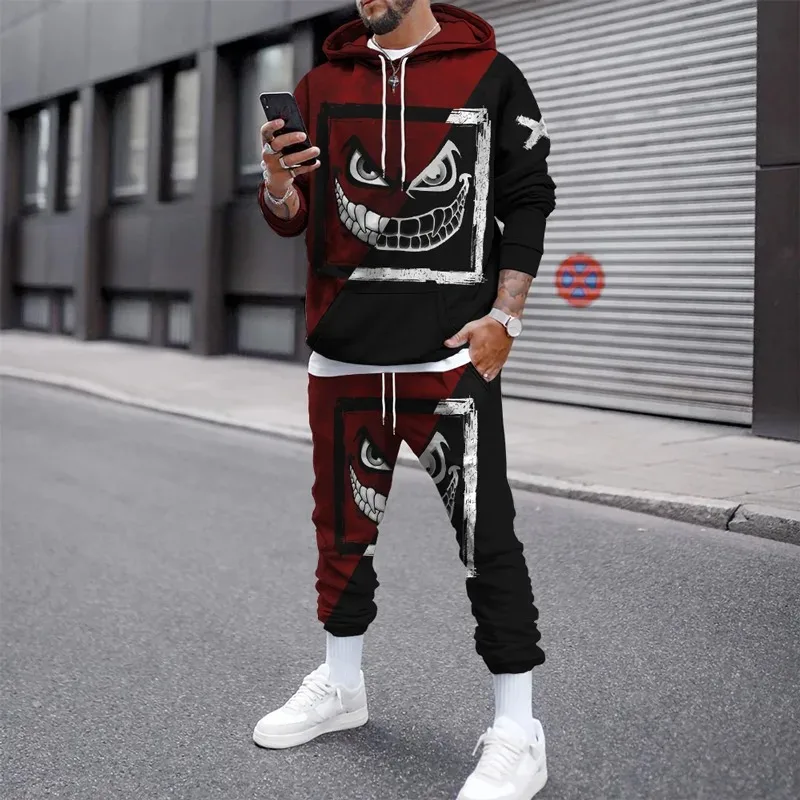 3D Smile Face Print autunno inverno tute felpe con cappuccio da uomo pantaloni tuta pantaloni tute Pullover pantaloni sportivi Casual Streetwear Set