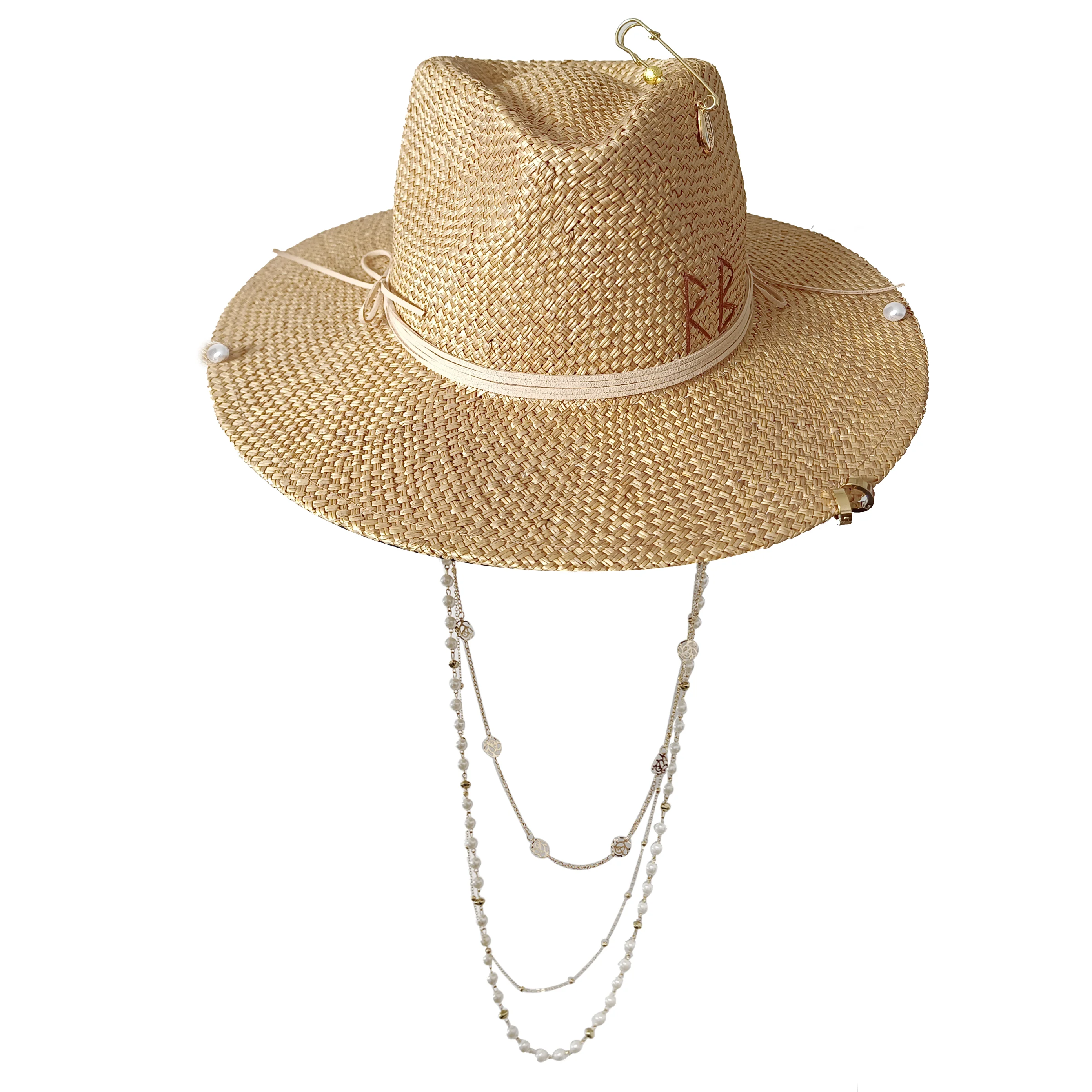 Personalized classic straw hat handmade design hat pearl chain summer sun hat new letter hat beach women gorras para hombres