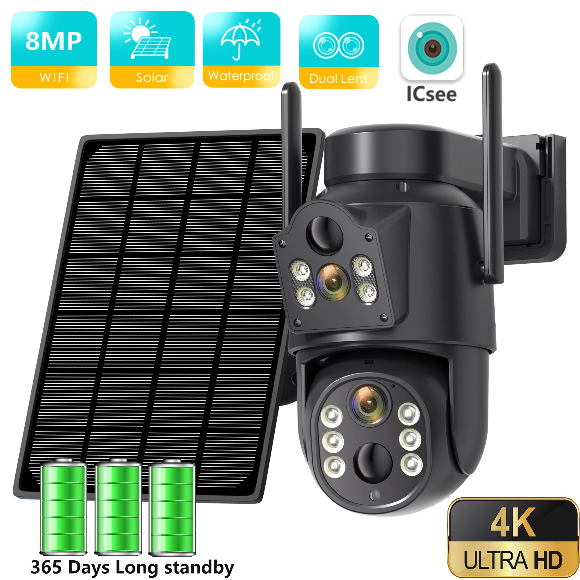 4K HD Solar WiFi Camera Outdoor Built-in Battery Dual Lens 2K Security Camera Solar Panel Wireless Video Surveillance CCTV iCSee