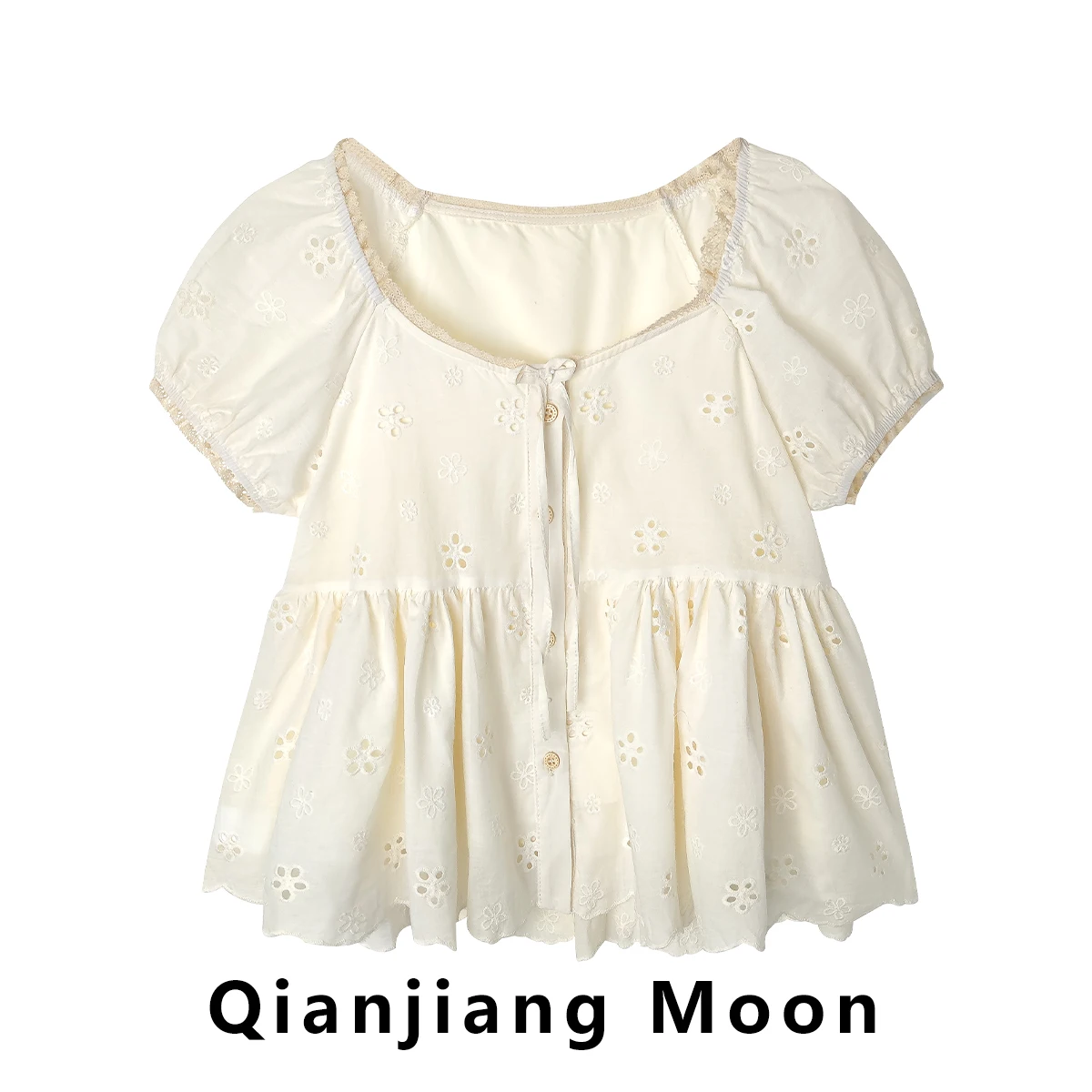 

Summer 2024 Women's Bubble Sve Square Collar ort Sve Lace irt Korean Sle Commute Loose Fit Hollow out Knot