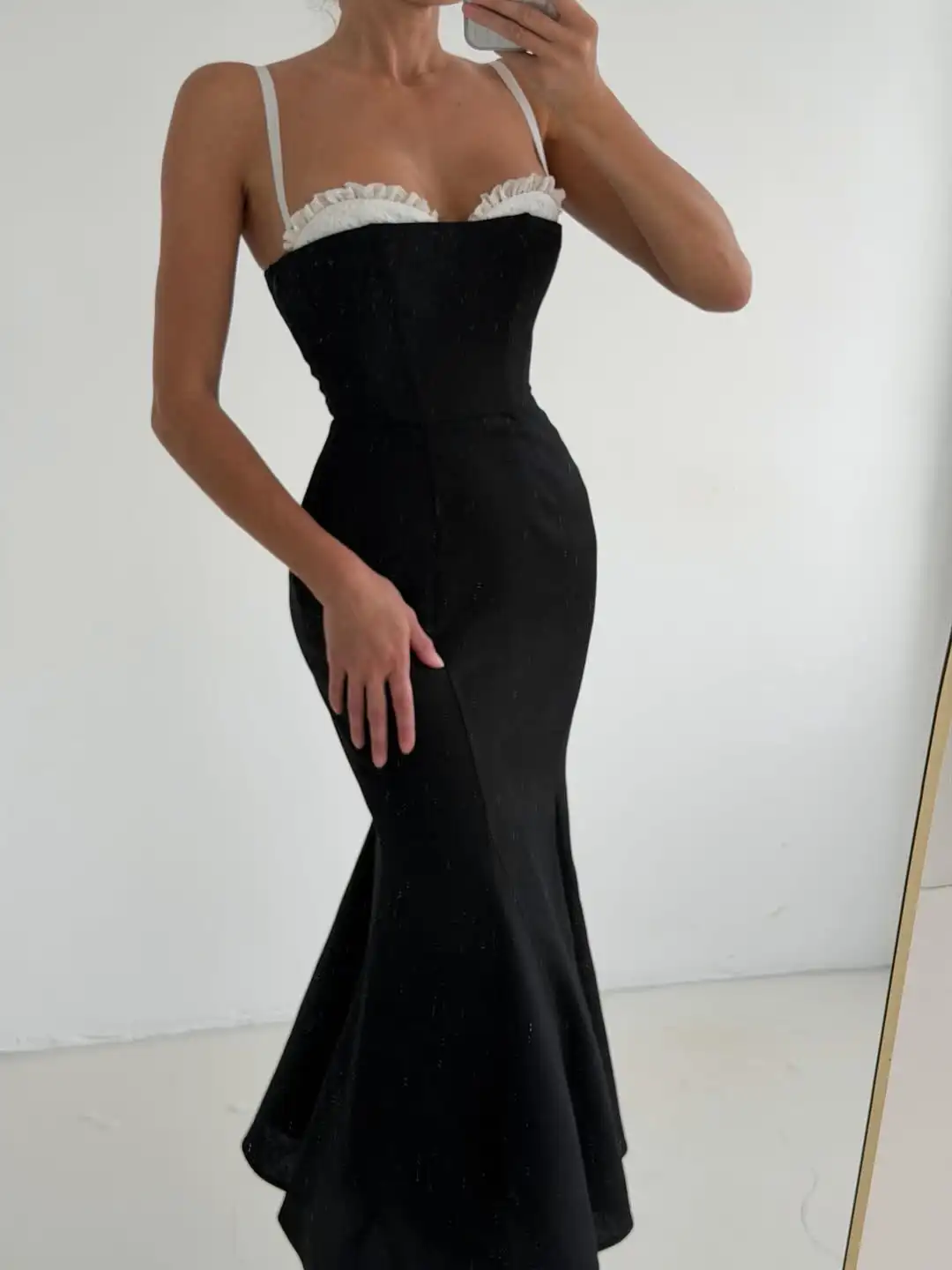 Sexy Women Black Mermaid Dress Lace Trim Spaghetti Straps Sweetheart Neck Bodycon Maxi Dresses Summer Chic Lady Party Vestidos