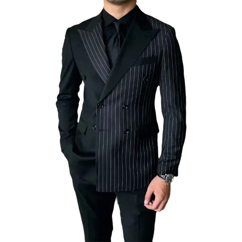 

Модные деловые костюмы для мужчин: черный полосатый приталенный двубортный костюм с заостренными лацканами, комплект из двух предметов (пиджак и брюки) Terno Masculino
