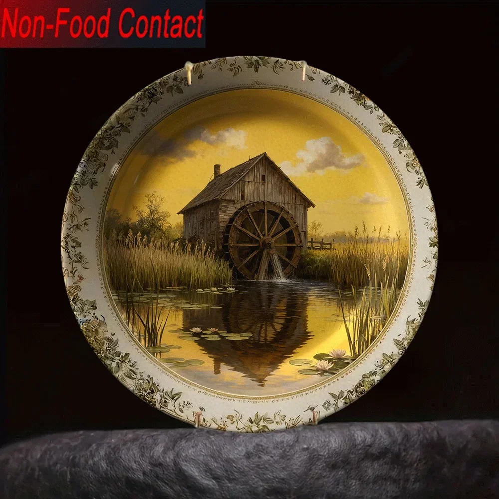 2D Flat, 1pc Vintage Farmhouse Ceramic Decorative Plate - Rustic Windmill & Sunset Landscape Design, Non-Food Contact Safe,