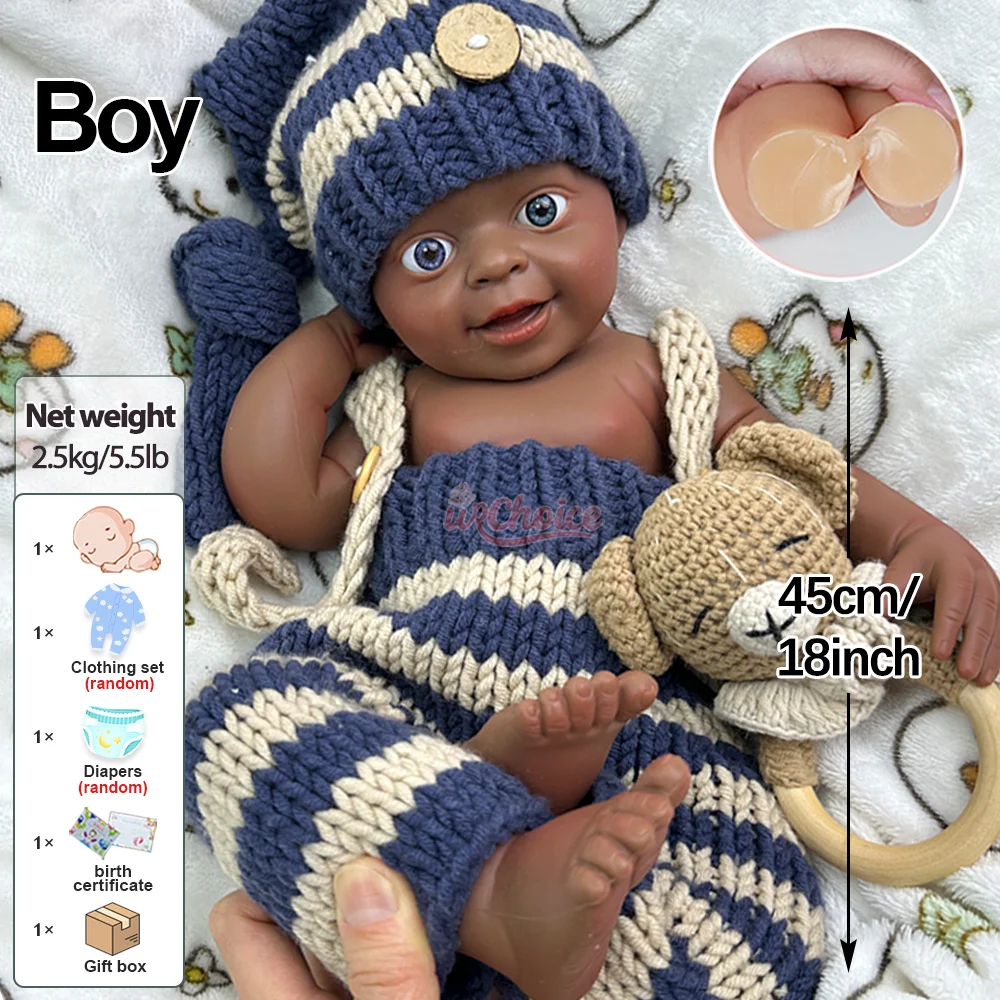 18" Silicone Reborn Baby Boy Handmade 3D Painted Newborn Baby Black Doll Pеборн Muñeca Silicone Soft Lifelike Corpo De Silicona