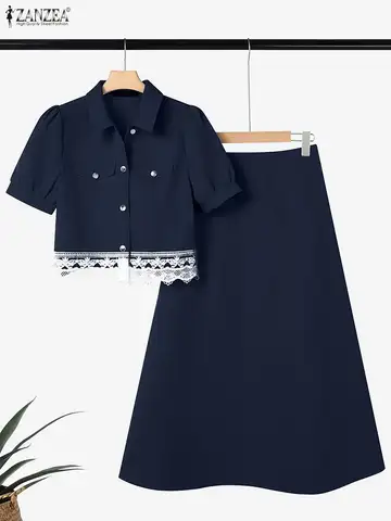 ZANZEA Eleganckie komplety sukienek z koronką, damskie koszulki z krótkim rękawem i długie spódnice, codzienne zestawy dwuczęściowe, luźny styl koreański, streetwear, 2 sztuki