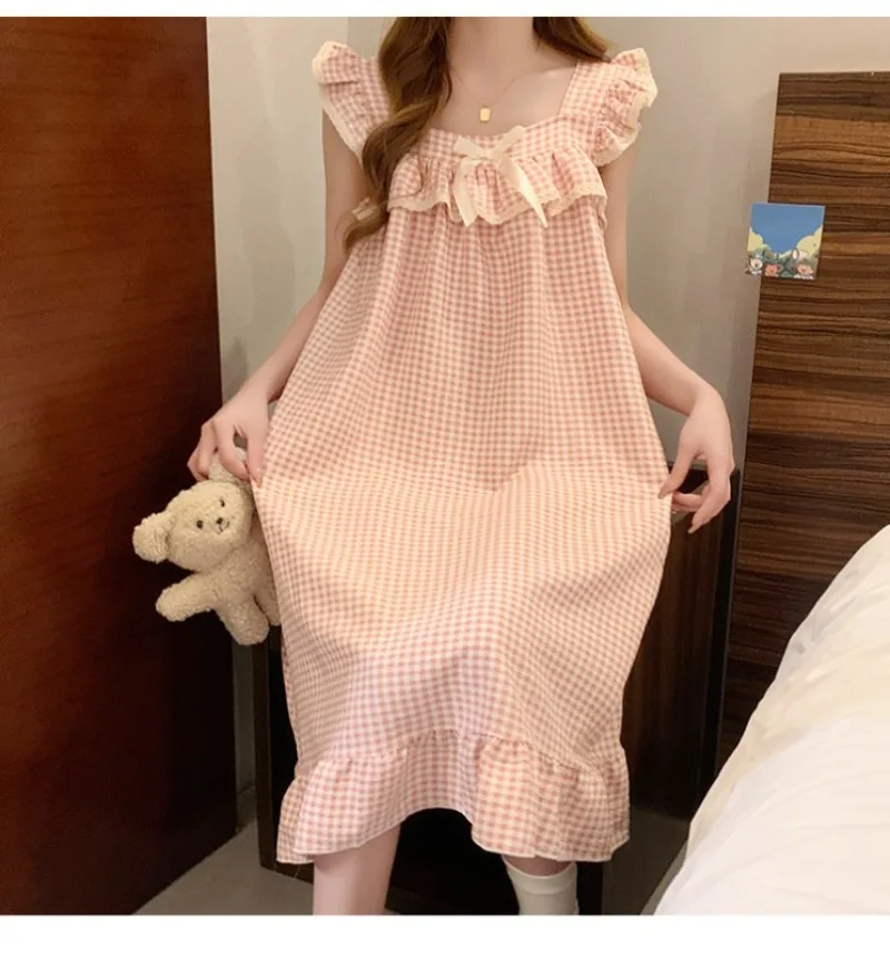 Women Korean Sweet Plaid Bow Design Nightgown with Straps Sleep Dress Cute Summer New Loungewear Y2K Nightgown with Built-in Bra